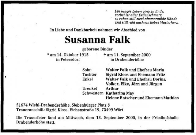 Binder Susanna 1915-2000 Todesanzeige